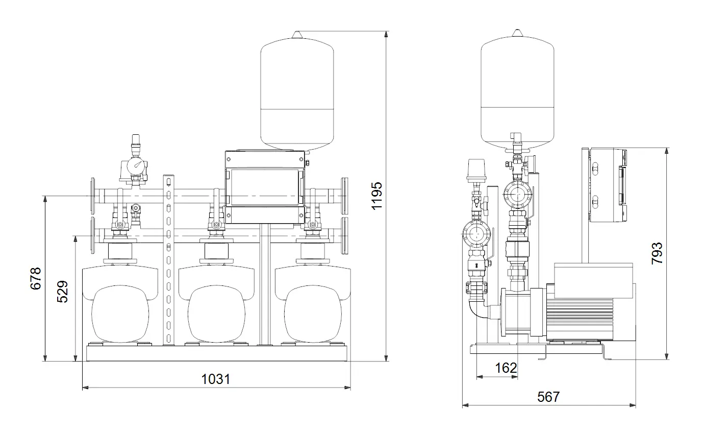Druckerhöhungsanlage von Grundfos mit mehreren Pumpen und Steuereinheit, montiert auf einer Grundplatte. Abmessungen in Zeichnung dargestellt.